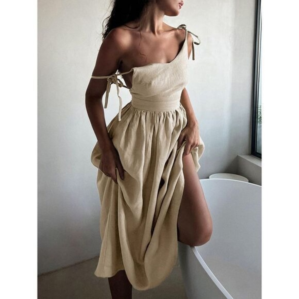 Commense Cotton & Linen Backless Long Dress Apricot size S